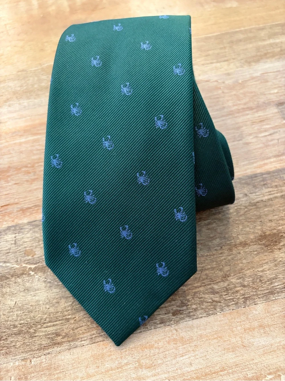 J. Crew Green Silk Tie with Blue Scorpion All Over Print Novelty Fun Necktie